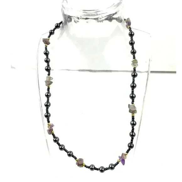 Natural Stone and Metal Beaded Necklace Amethyst  16" Choker Purple Gray - Picture 3 of 14